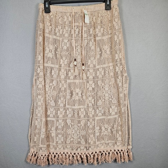 aerie Dresses & Skirts - Aerie Crochet Lace Midi Skirt Beige Boho Cowrie Shell Tassel Fringe Coverup New